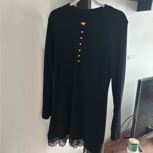 Commense Black Midi Dress with Pearl Buttons